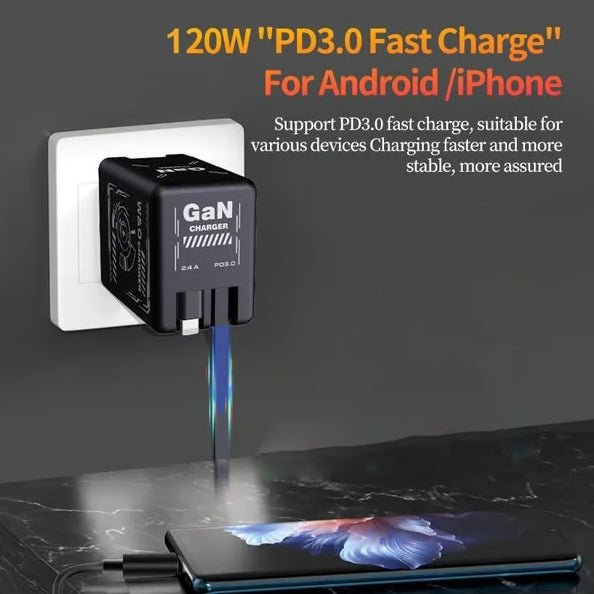 Cilifer® 2-in-1 GaN Compatible with 120W Fast Charger with Retractable Type-C and ligtning Cable D05