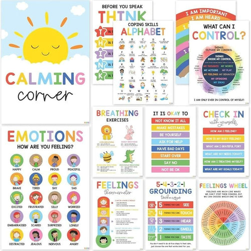 Cilifer®12 Calming Corner Classroom Posters - Feelings Wheel Chart & Emotions Poster For Kids