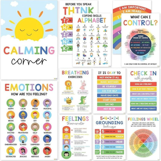 Cilifer®12 Calming Corner Classroom Posters - Feelings Wheel Chart & Emotions Poster For Kids