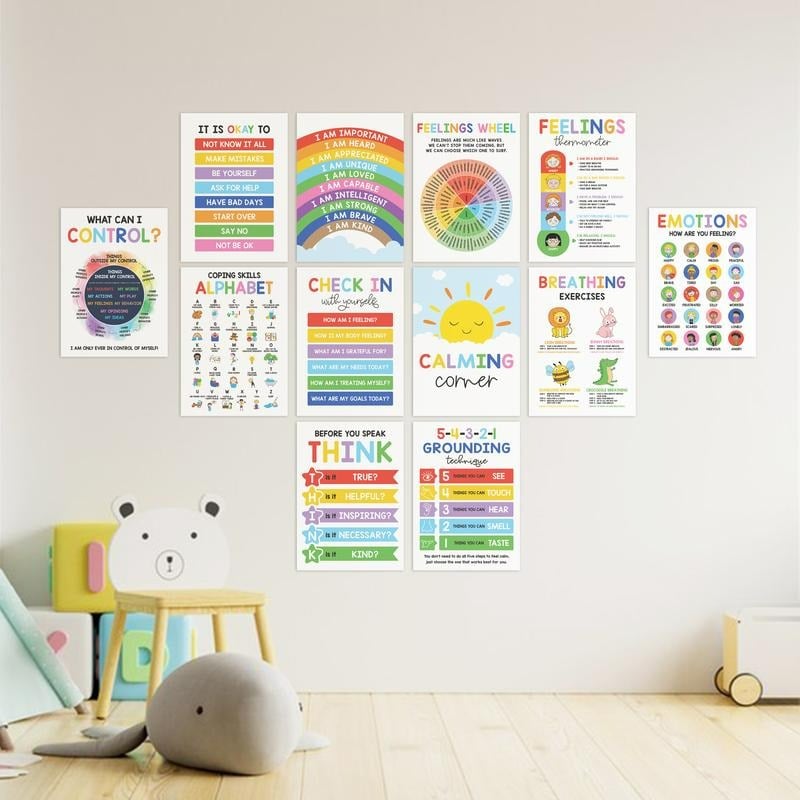 Cilifer®12 Calming Corner Classroom Posters - Feelings Wheel Chart & Emotions Poster For Kids