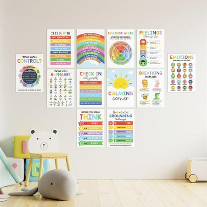 Cilifer®12 Calming Corner Classroom Posters - Feelings Wheel Chart & Emotions Poster For Kids