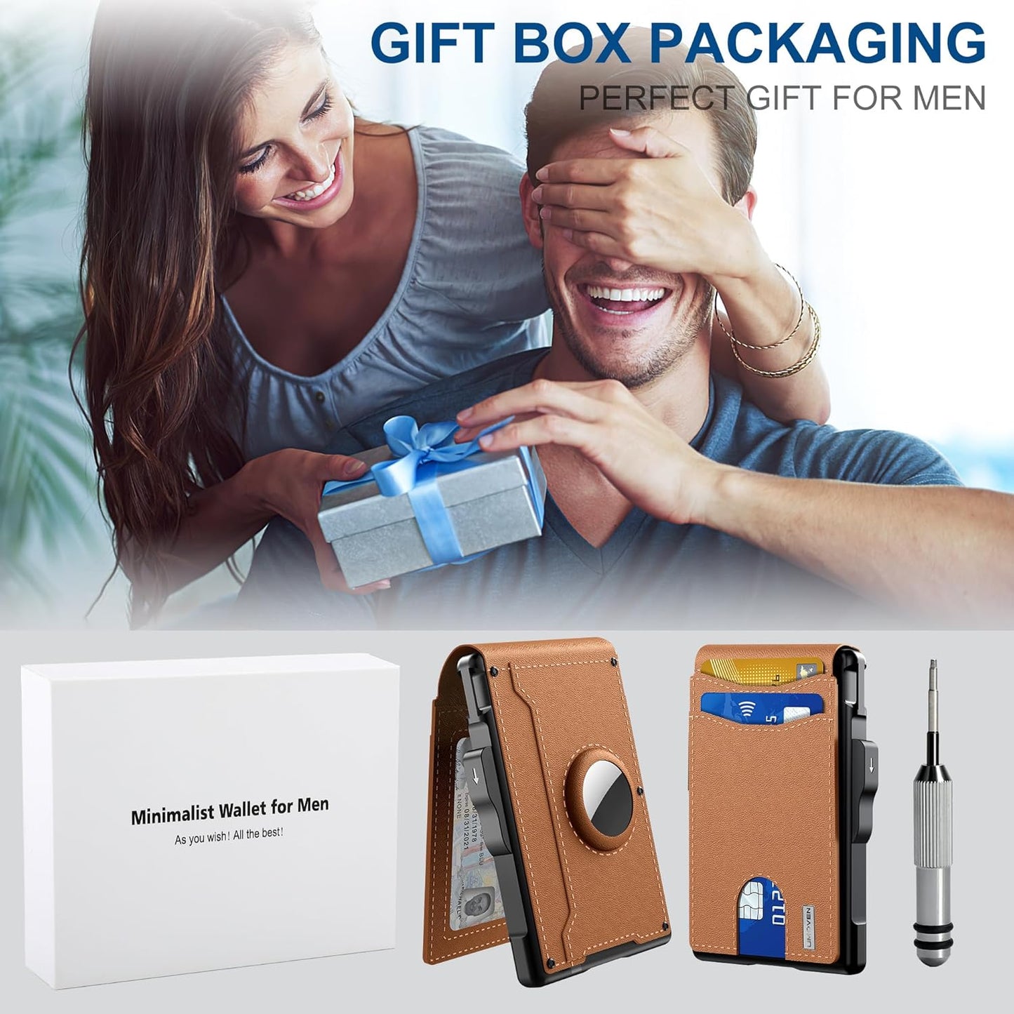 Cilifer®AirTag Wallet for Men - with Pop Up Aluminum Case Money Clip Slim Leather Slots Credit Card Holder RFID Blocking Bifold Minimalist Wallet